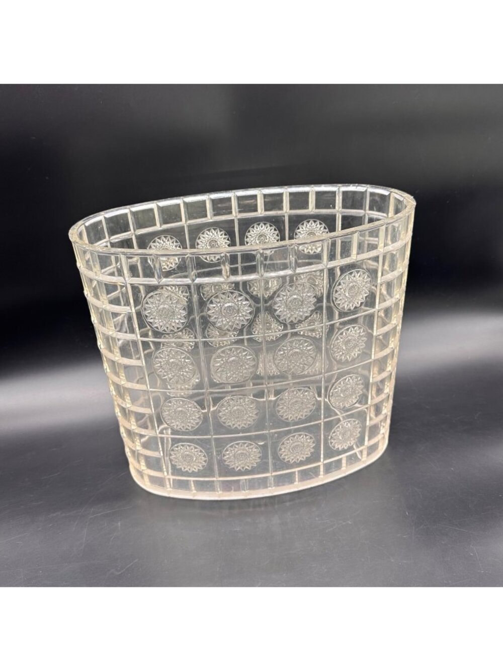 Vintage Trash Can Waste Basket Clear Acrylic Starburst MCM Retro Oval Plastic